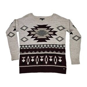 American Eagle Sweater Womens M Beige Burgundy Southwestern Aztec Wool Blend